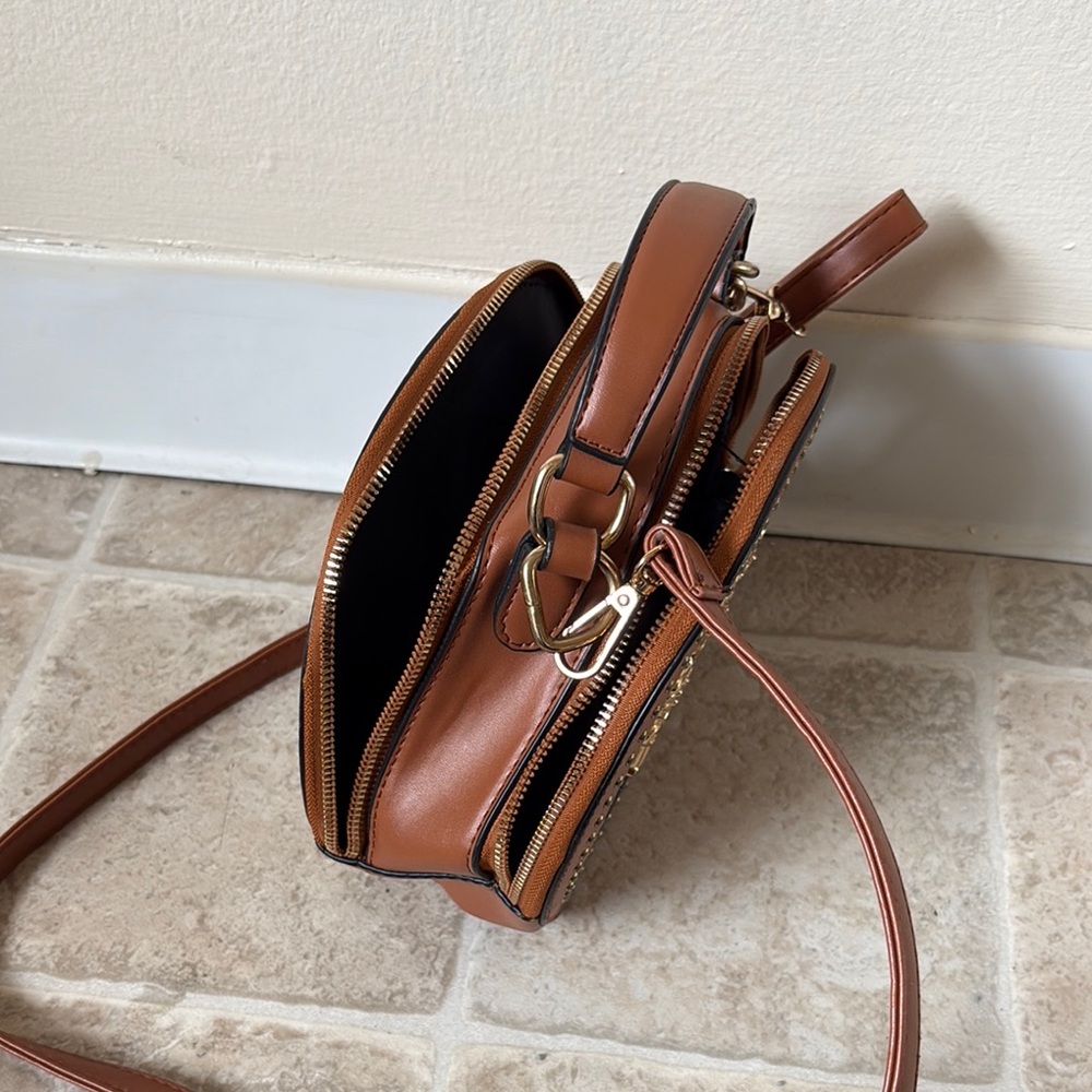 Brown Round Top-Handle Crossbody Bag with Gold Embellishment - Picture 5 of 5